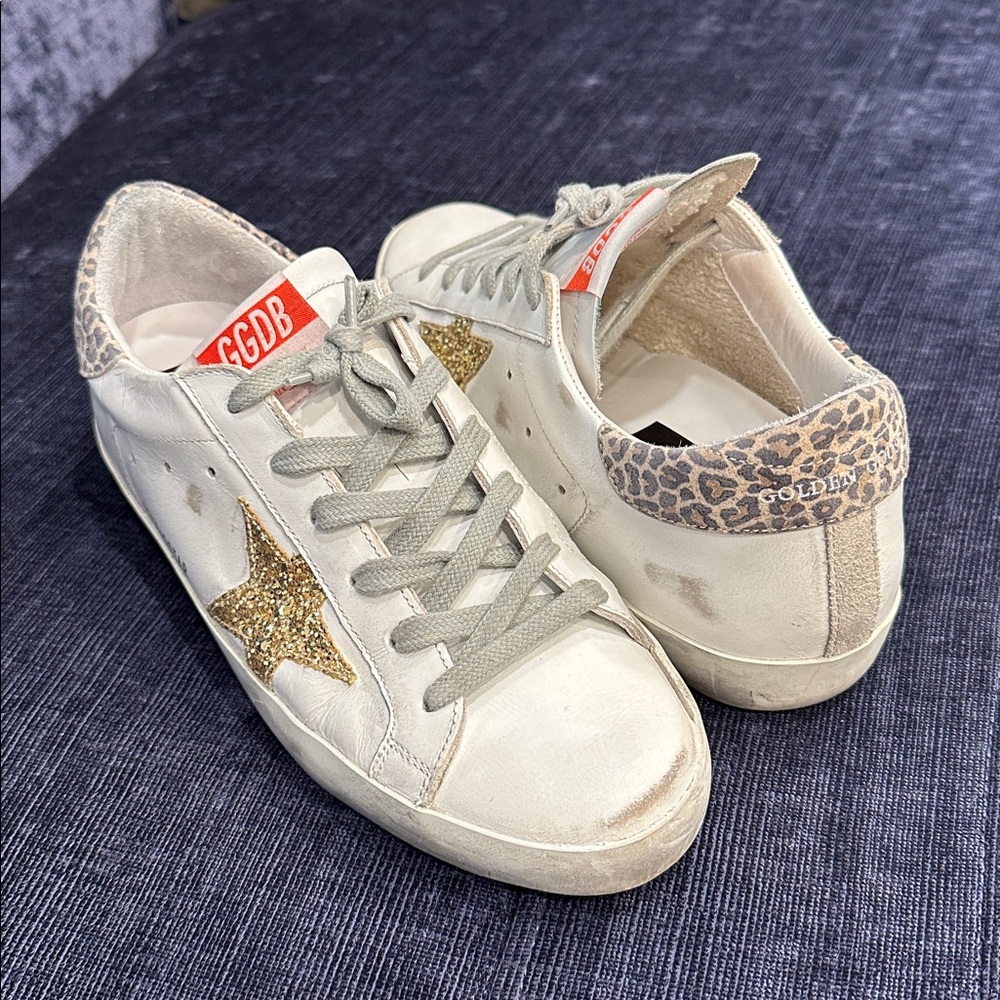 Golden Goose White Sneakers with Glitter Gold Star and Leopard Accent 39